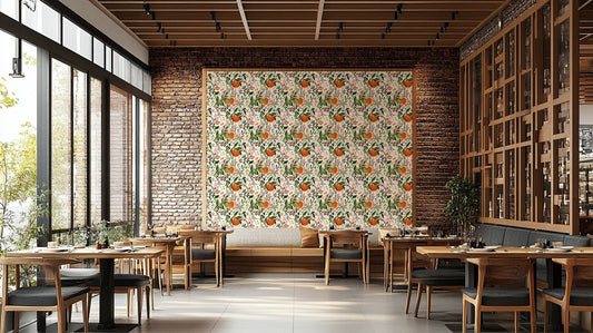 A beautiful modern living room with a botanical orange motif mural.

