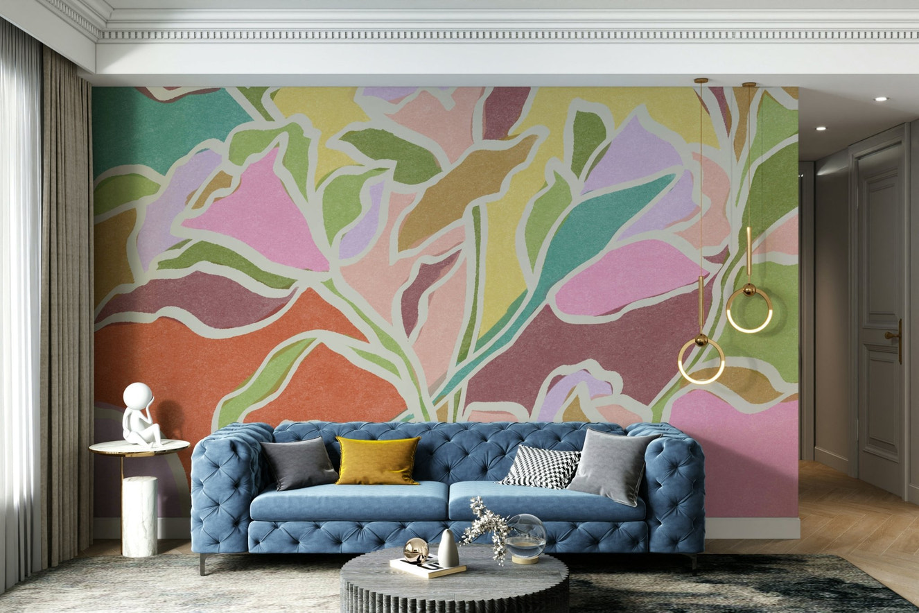A peaceful wall mural with a botanical theme.

