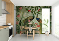 Lush greenery and peacock wall mural for modern spaces.

