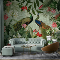 Tropical botanical wall mural featuring a peacock.

