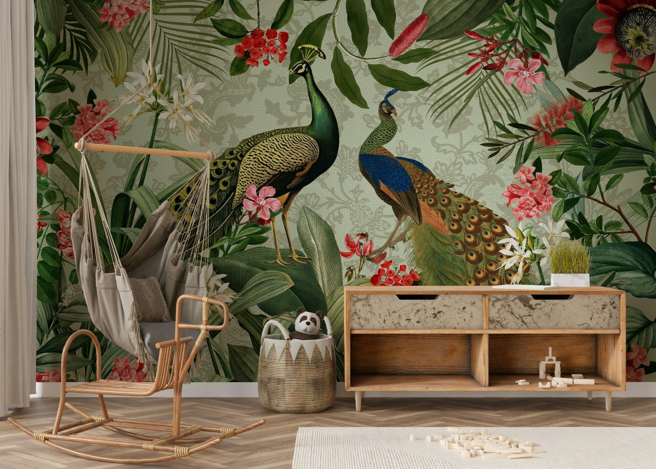 Vibrant botanical peacock wall mural for home decor.

