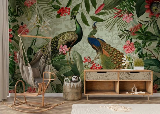 Vibrant botanical peacock wall mural for home decor., GD1198
