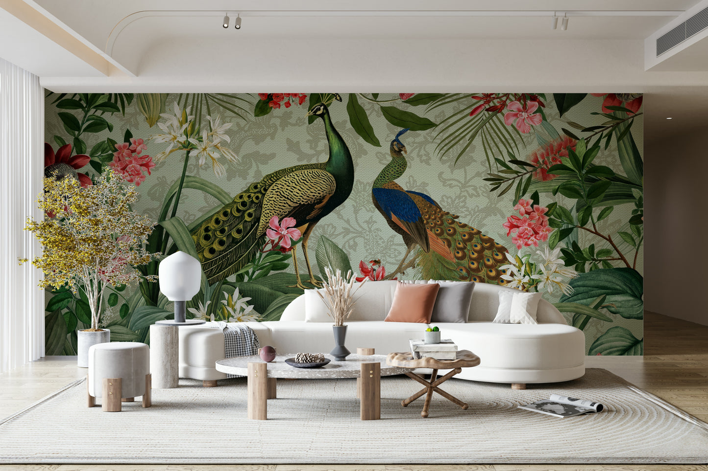 Botanical peacock mural for a serene home atmosphere.

