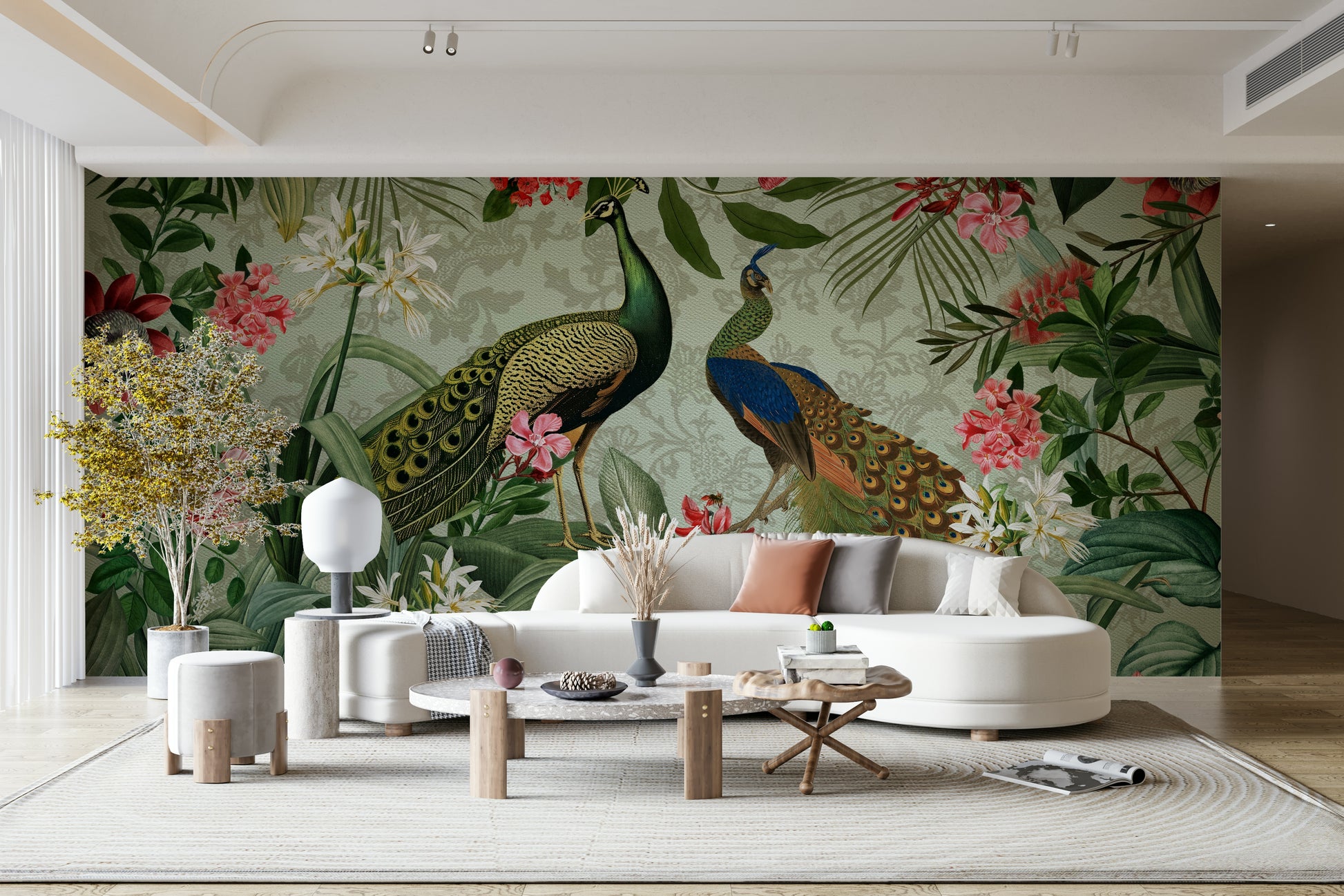 Botanical peacock mural for a serene home atmosphere.

