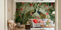 Stunning botanical mural featuring a detailed peacock.

