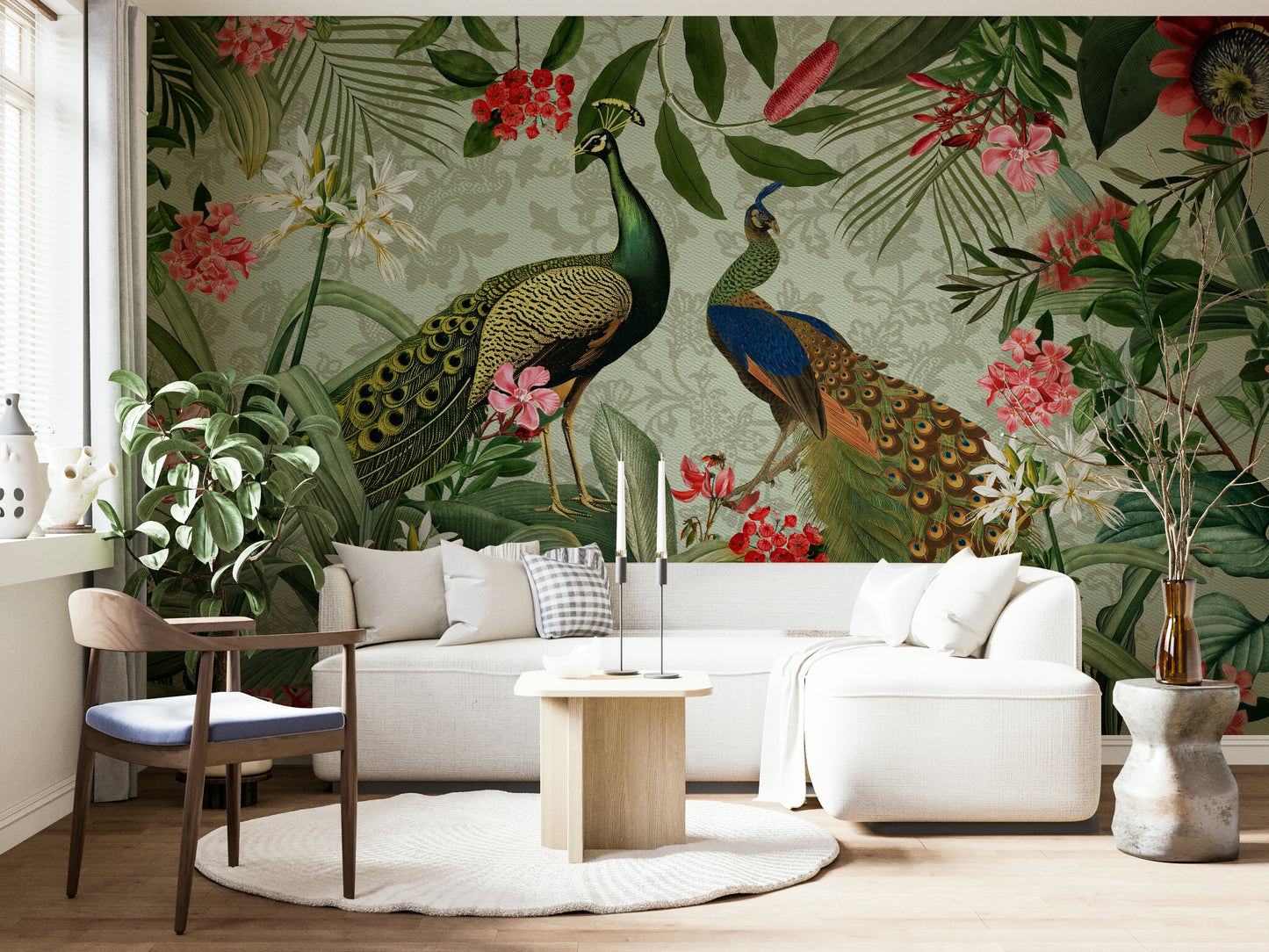 Colorful peacock mural with tropical plant accents.

