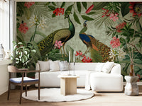 Colorful peacock mural with tropical plant accents.

