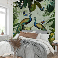 Artistic wall mural featuring peacocks and plants

