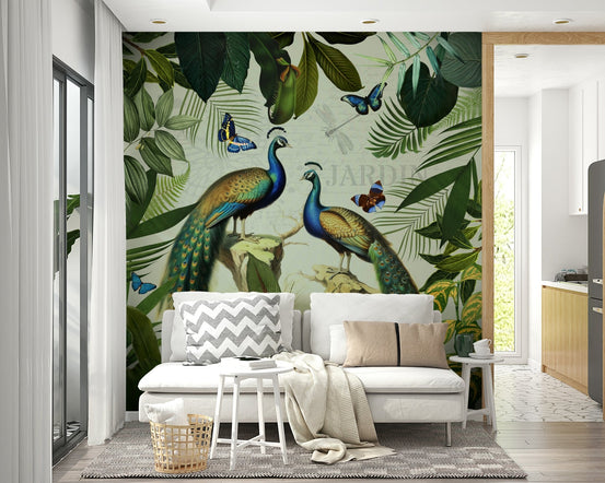 Botanical Peacocks wall mural with elegant birds, GD1216