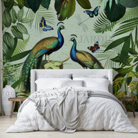 Lush green botanical scene with peacocks

