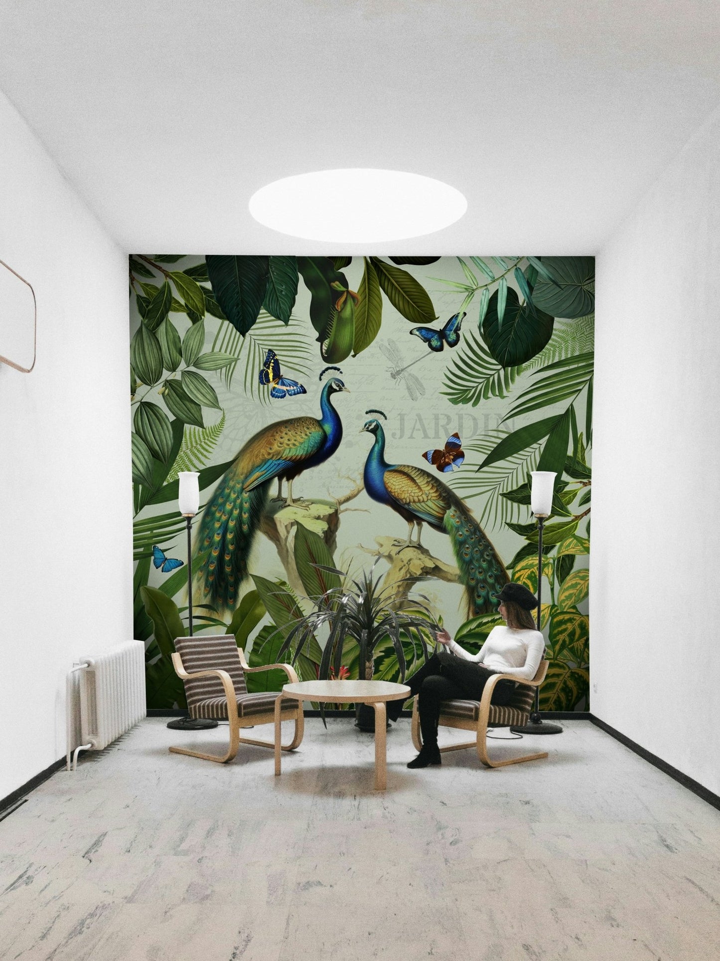 Peacock wallpaper with lush botanical background

