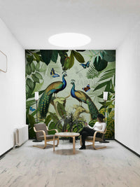 Peacock wallpaper with lush botanical background


