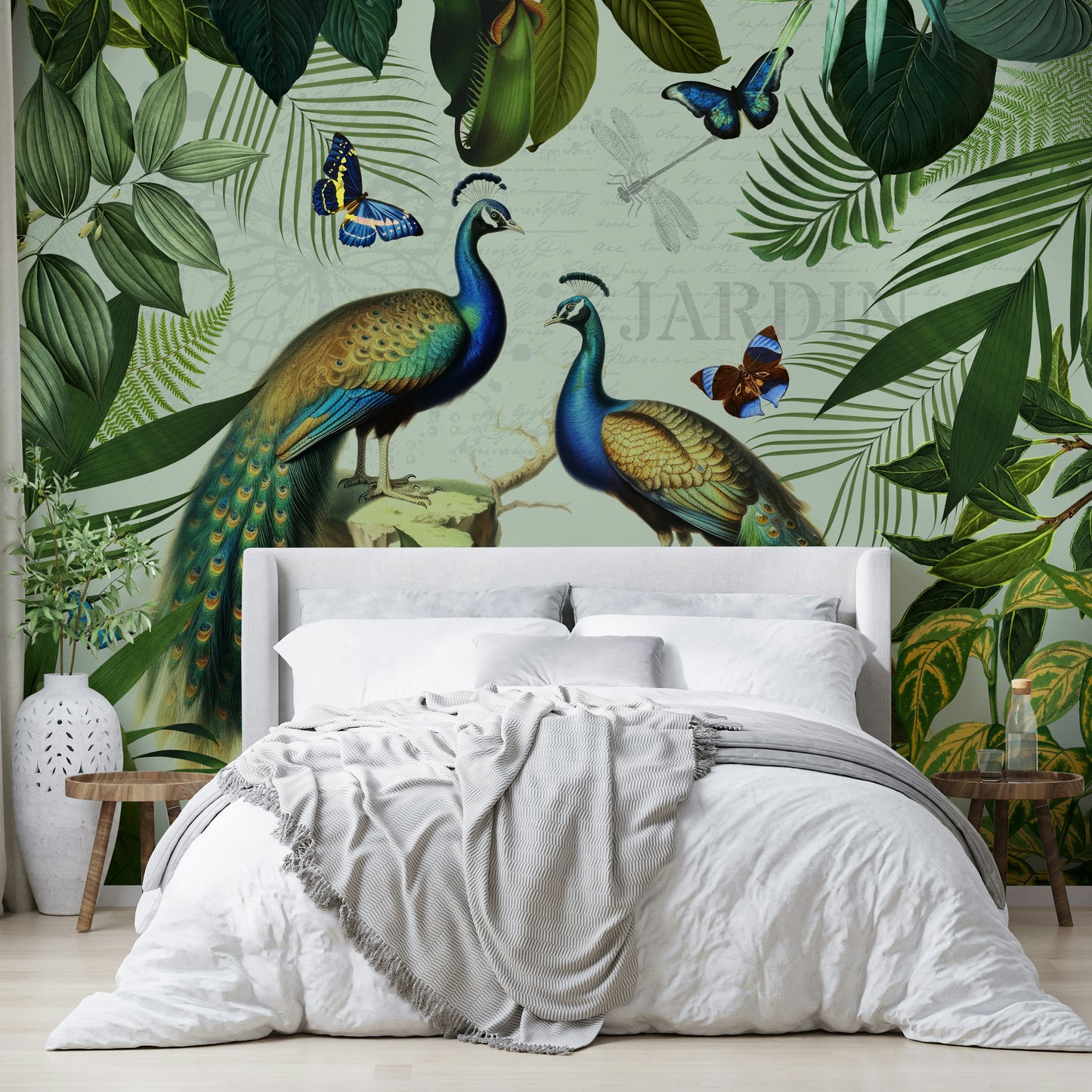 Lush green botanical scene with peacocks

