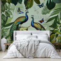 Lush green botanical scene with peacocks

