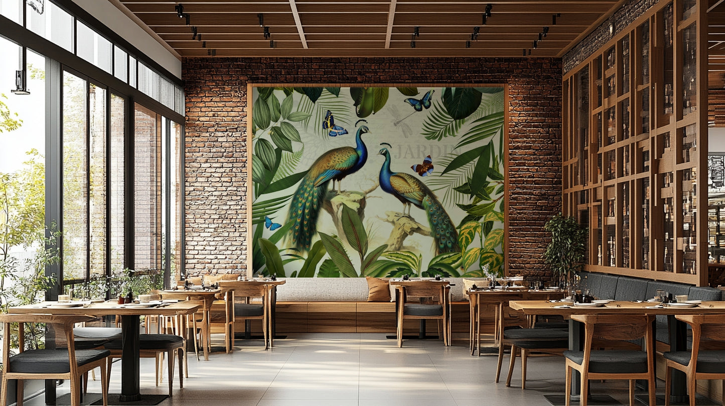 Nature wall covering with graceful peacocks

