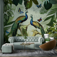 Botanical wallpaper with detailed peacock feathers

