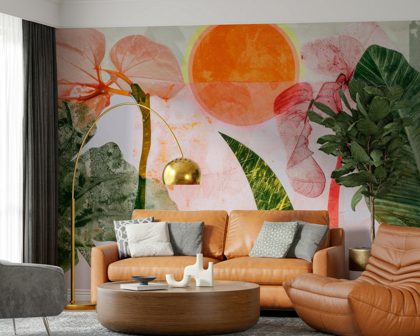 A peaceful flower design mural on decorative wallpaper.