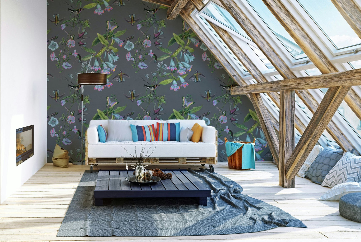 A peaceful flower design mural on decorative wallpaper.

