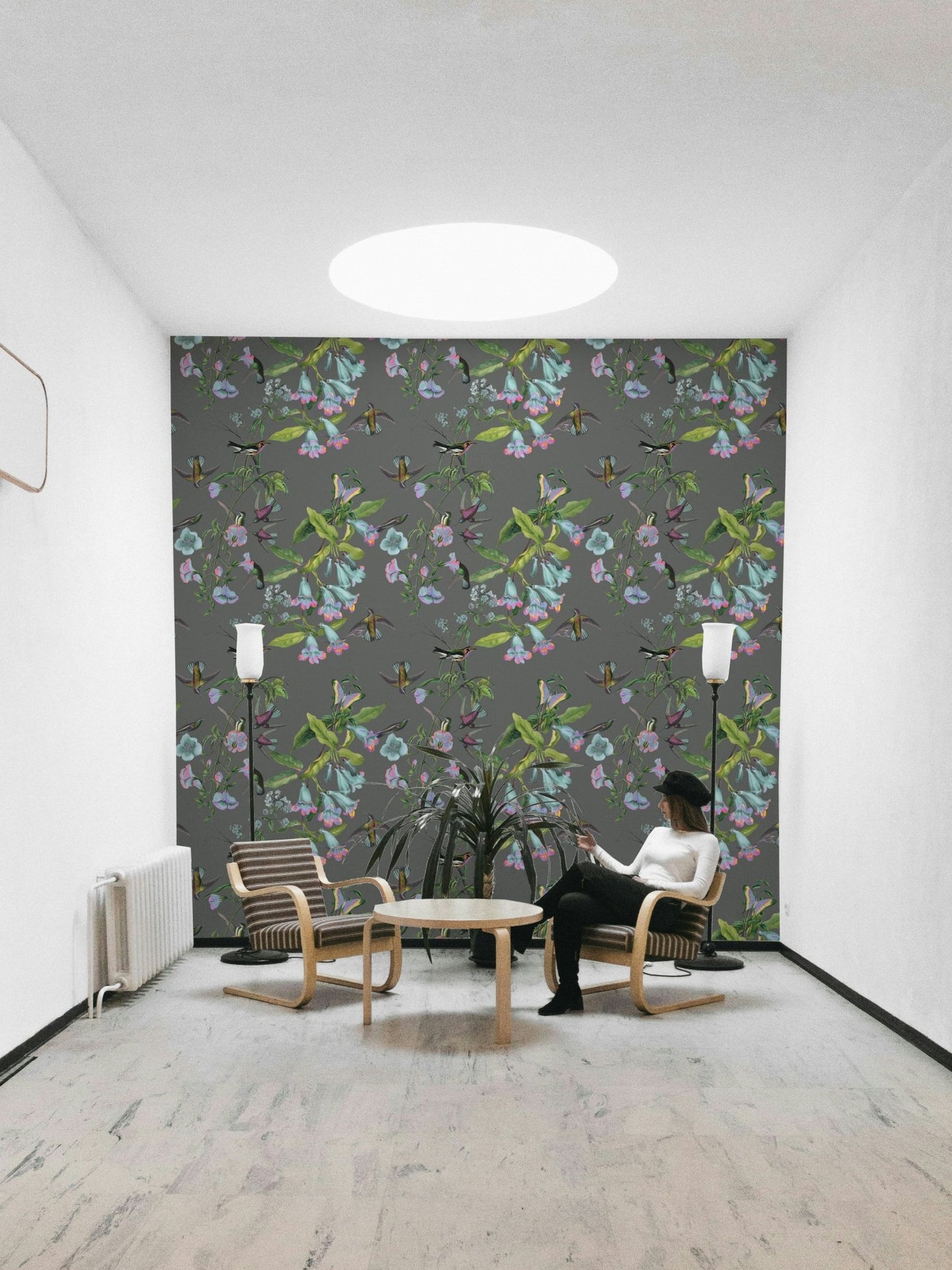 A graceful subtle bloom wall mural in cool, natural tones.

