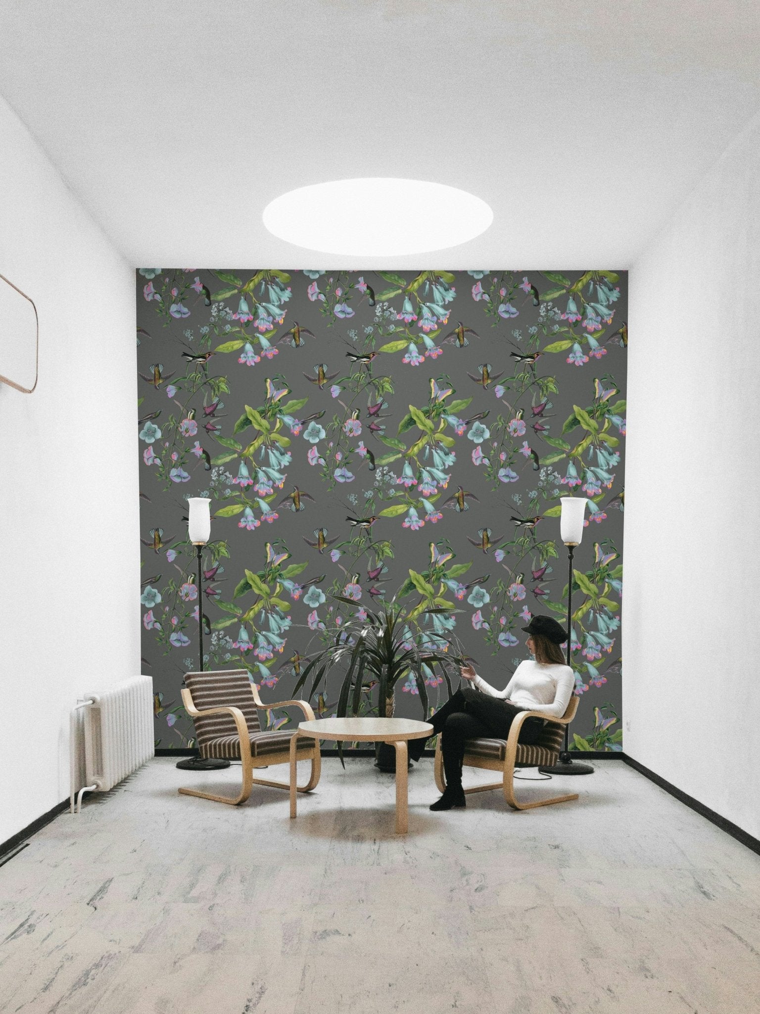 A graceful subtle bloom wall mural in cool, natural tones.

