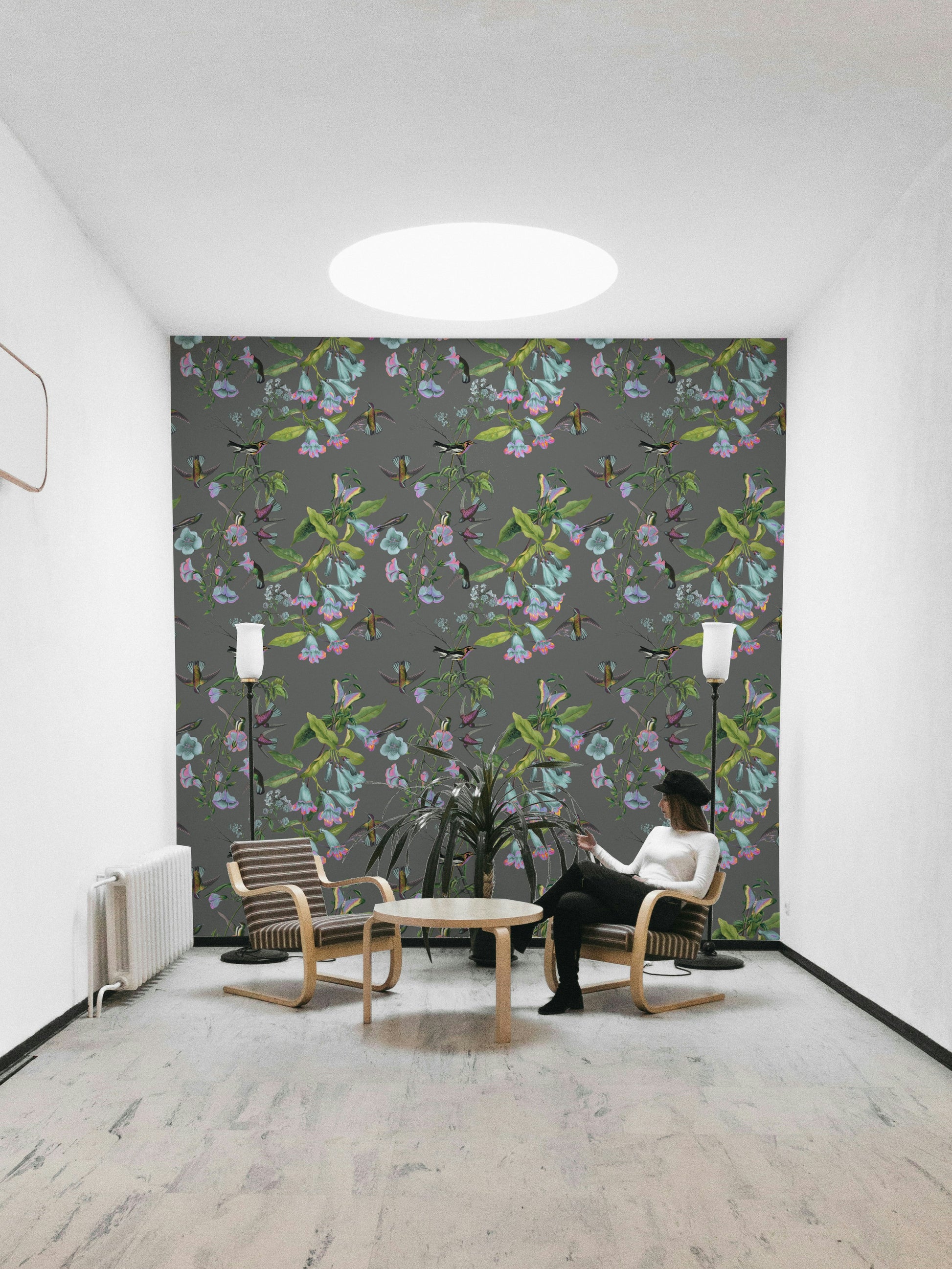 A graceful subtle bloom wall mural in cool, natural tones.

