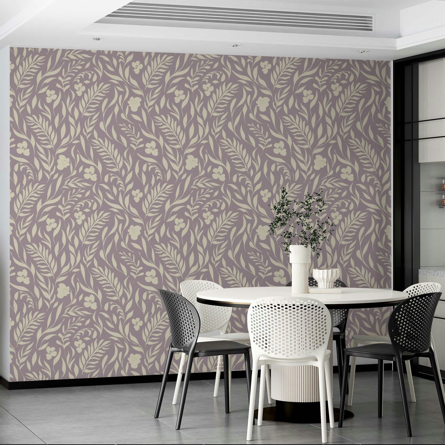Botanical Shapes Wallpaper on a living room wall

