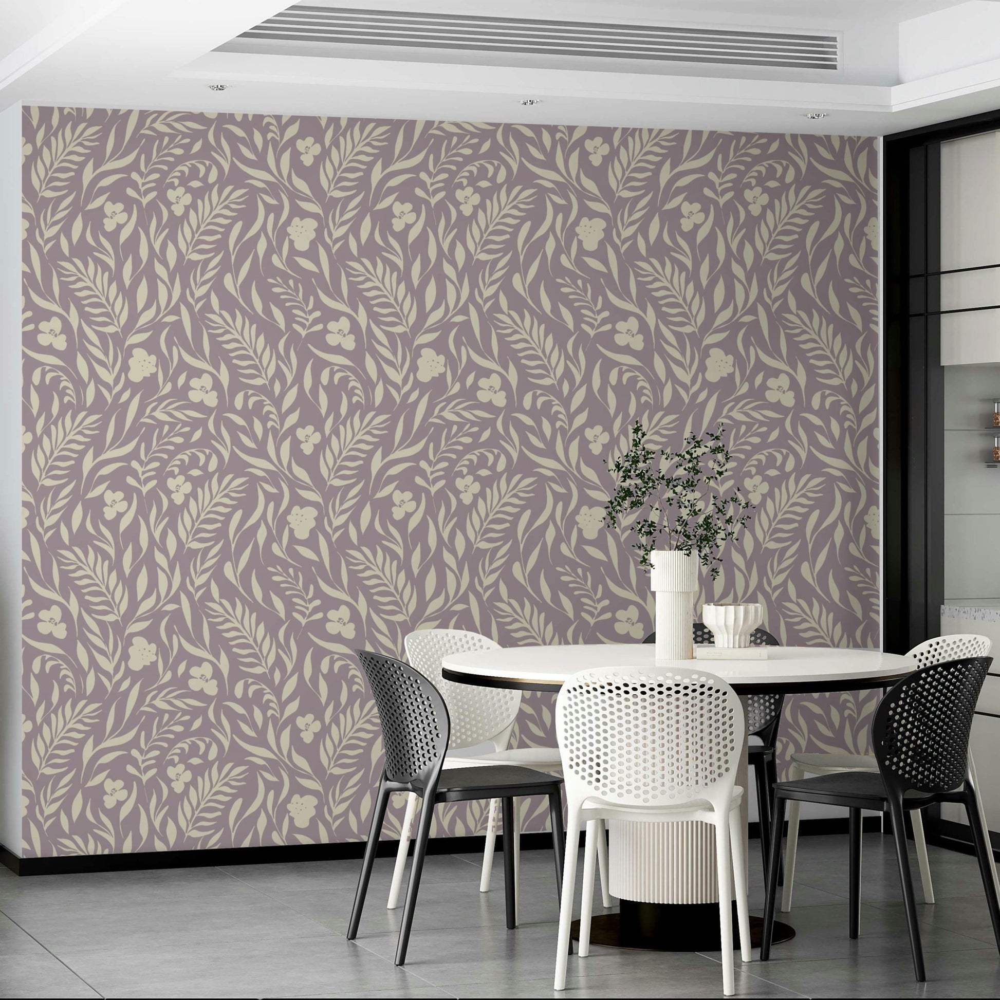 Botanical Shapes Wallpaper on a living room wall

