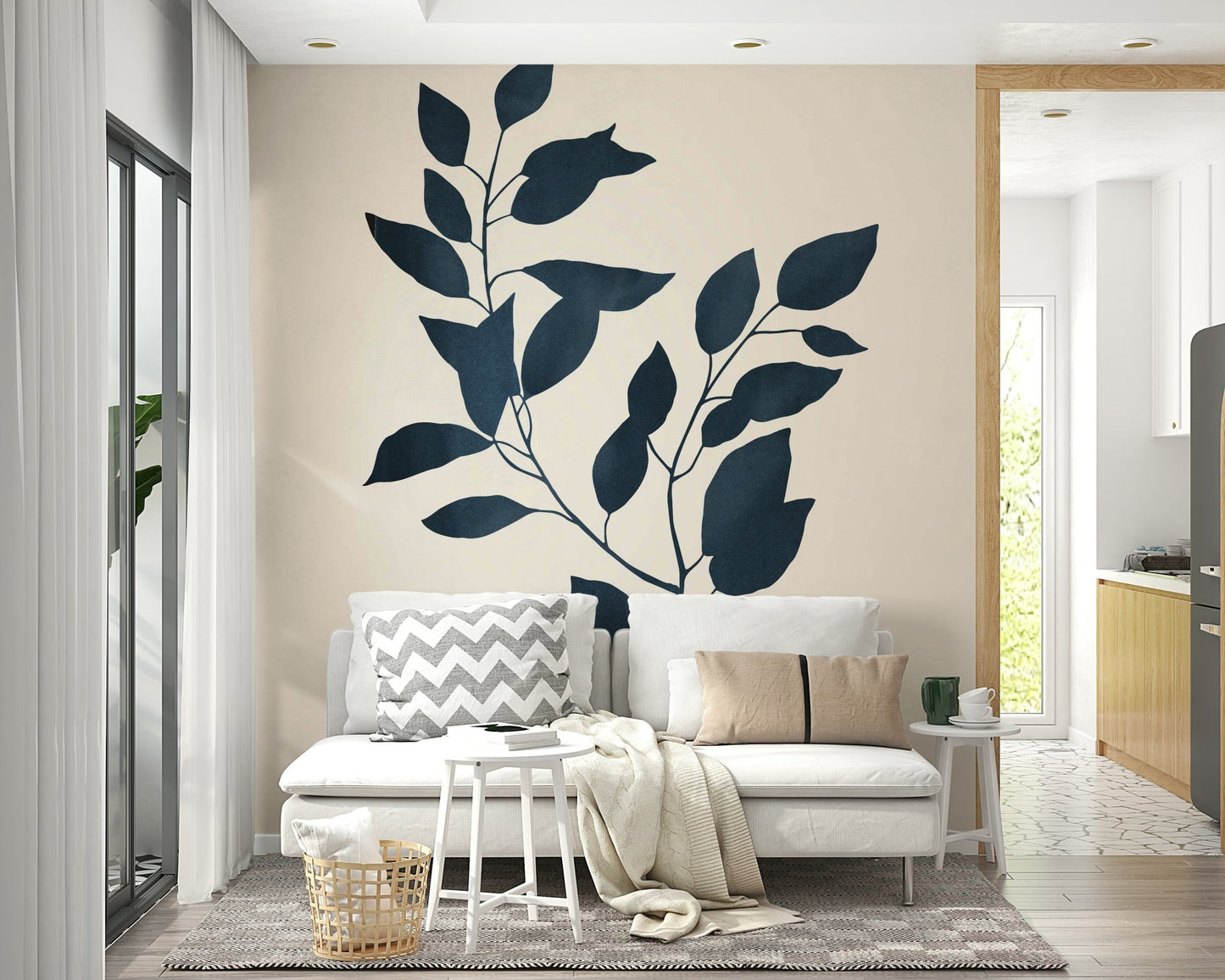Silhouette design of plants in neutral tones on the wall.

