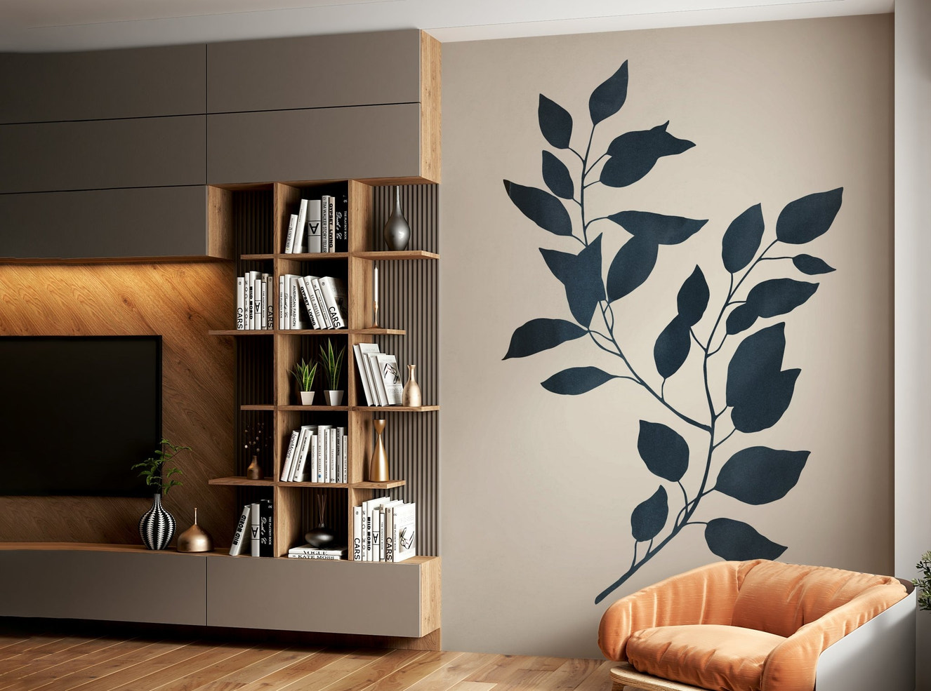 Botanical silhouette wall mural in calming tones.

