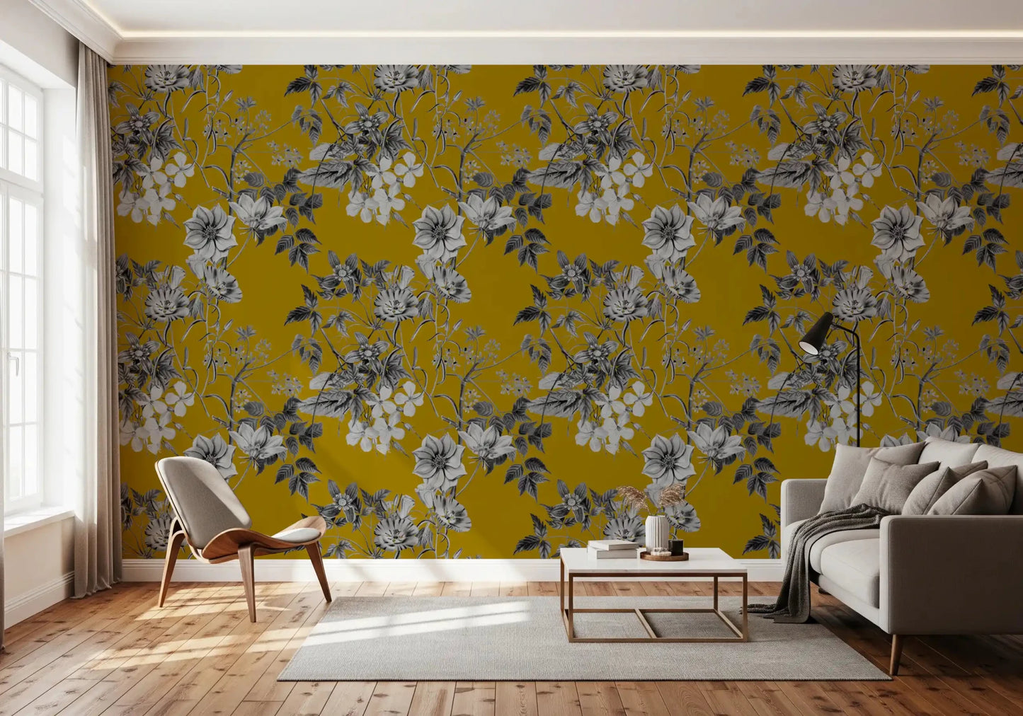 Vintage botanical wallpaper with warm ochre surface and pale floral accents