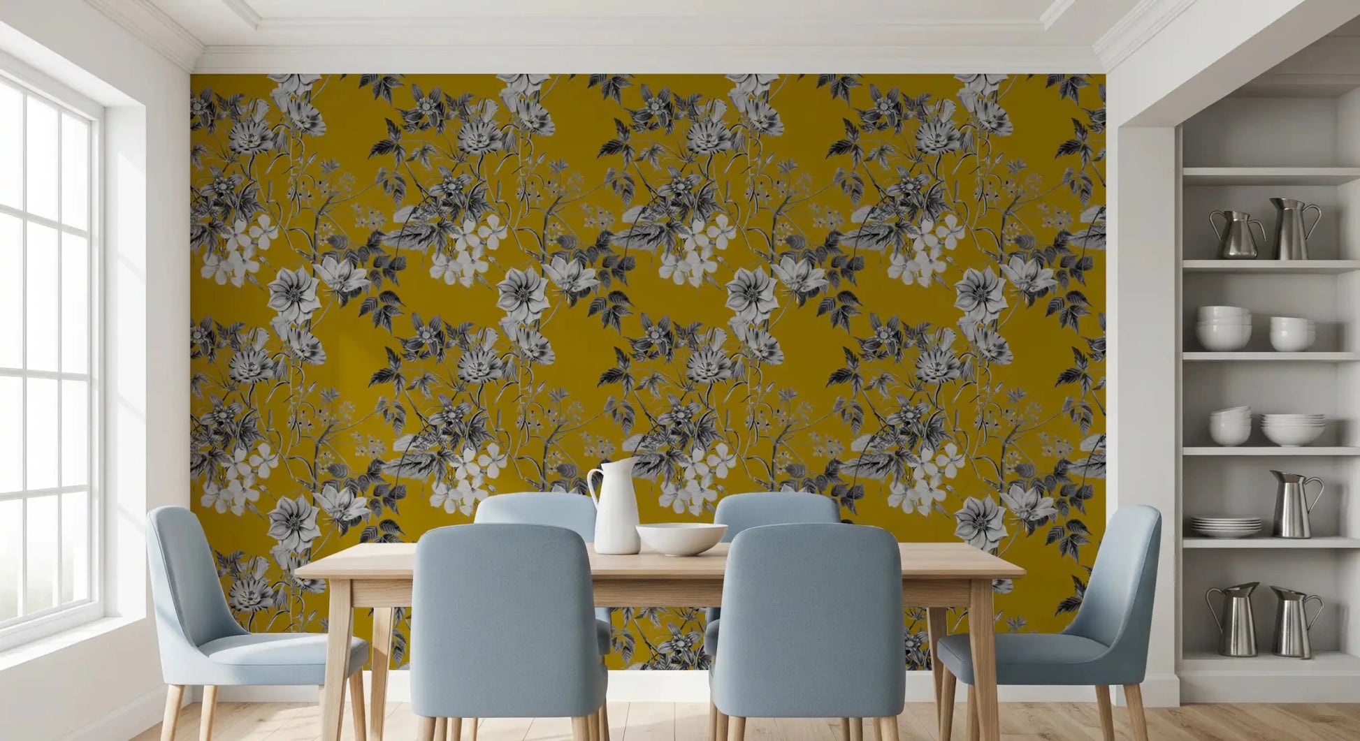 Floral linework wallpaper with earthy ochre tones and graceful stem pattern