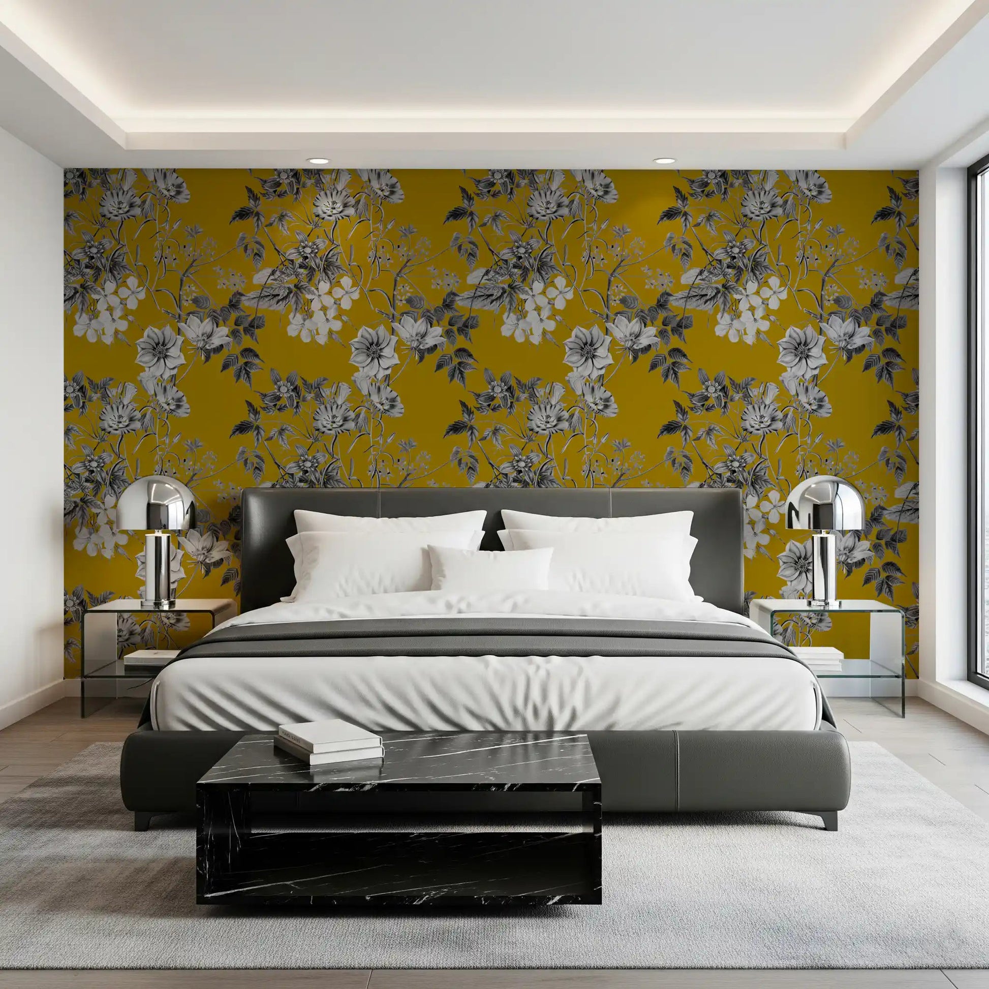 Bedroom styled in Ochre Flower wallpaper with soft leaf detail