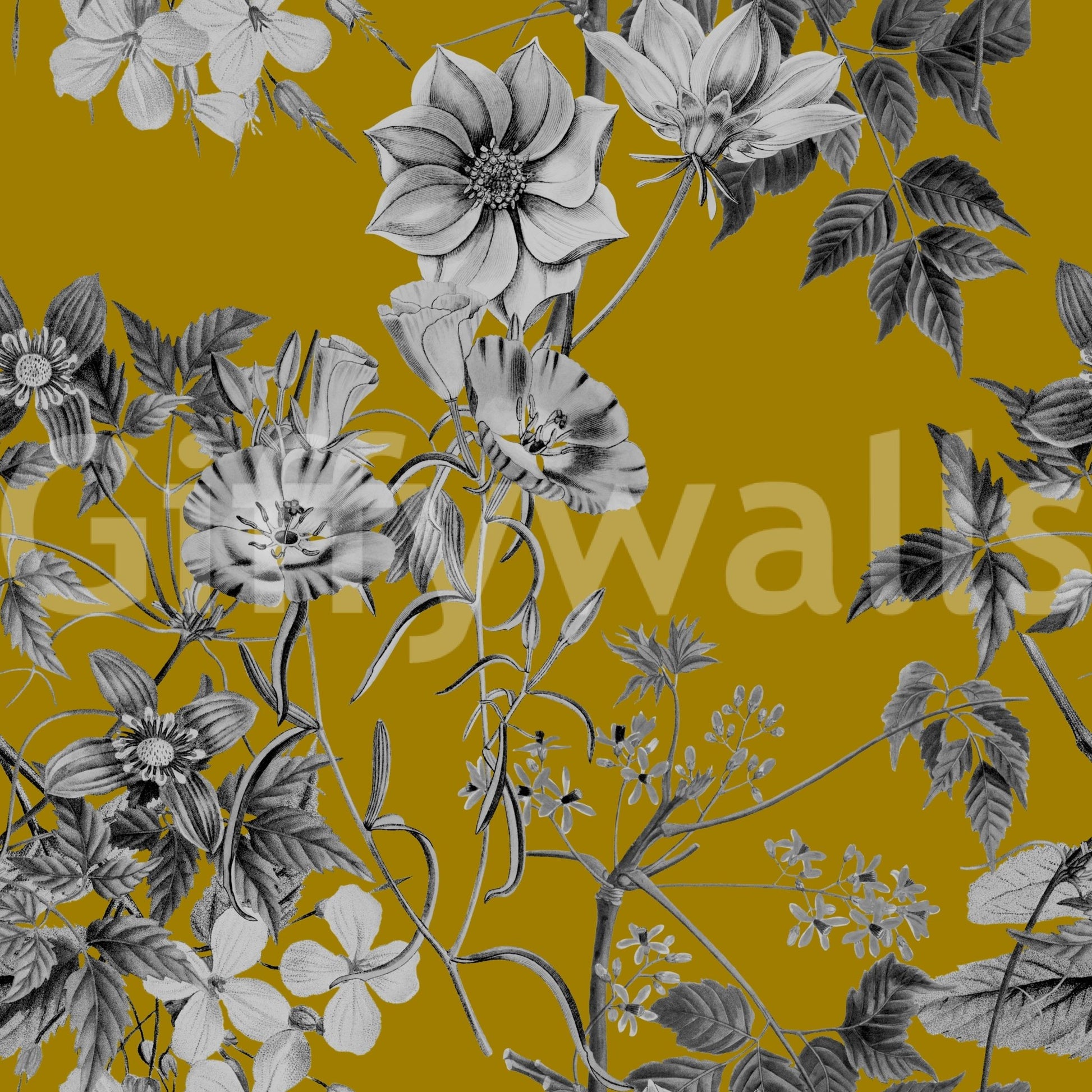 Classic floral wallpaper with warm mustard base and elegant sketch detailing
