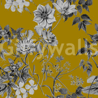 Classic floral wallpaper with warm mustard base and elegant sketch detailing