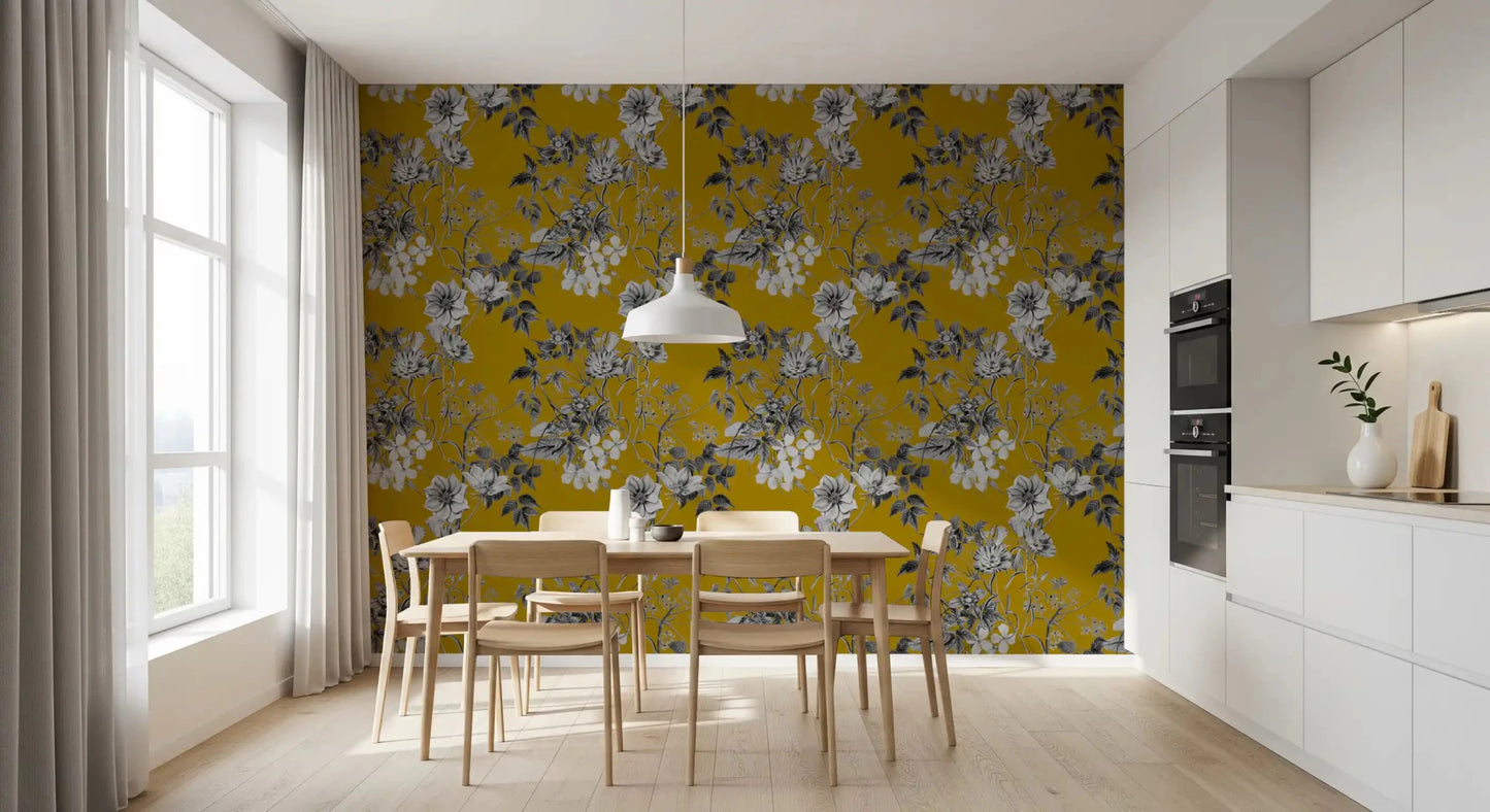 Ochre flower wallpaper with hand-drawn botanical forms and balanced contrast