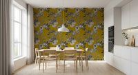 Ochre flower wallpaper with hand-drawn botanical forms and balanced contrast