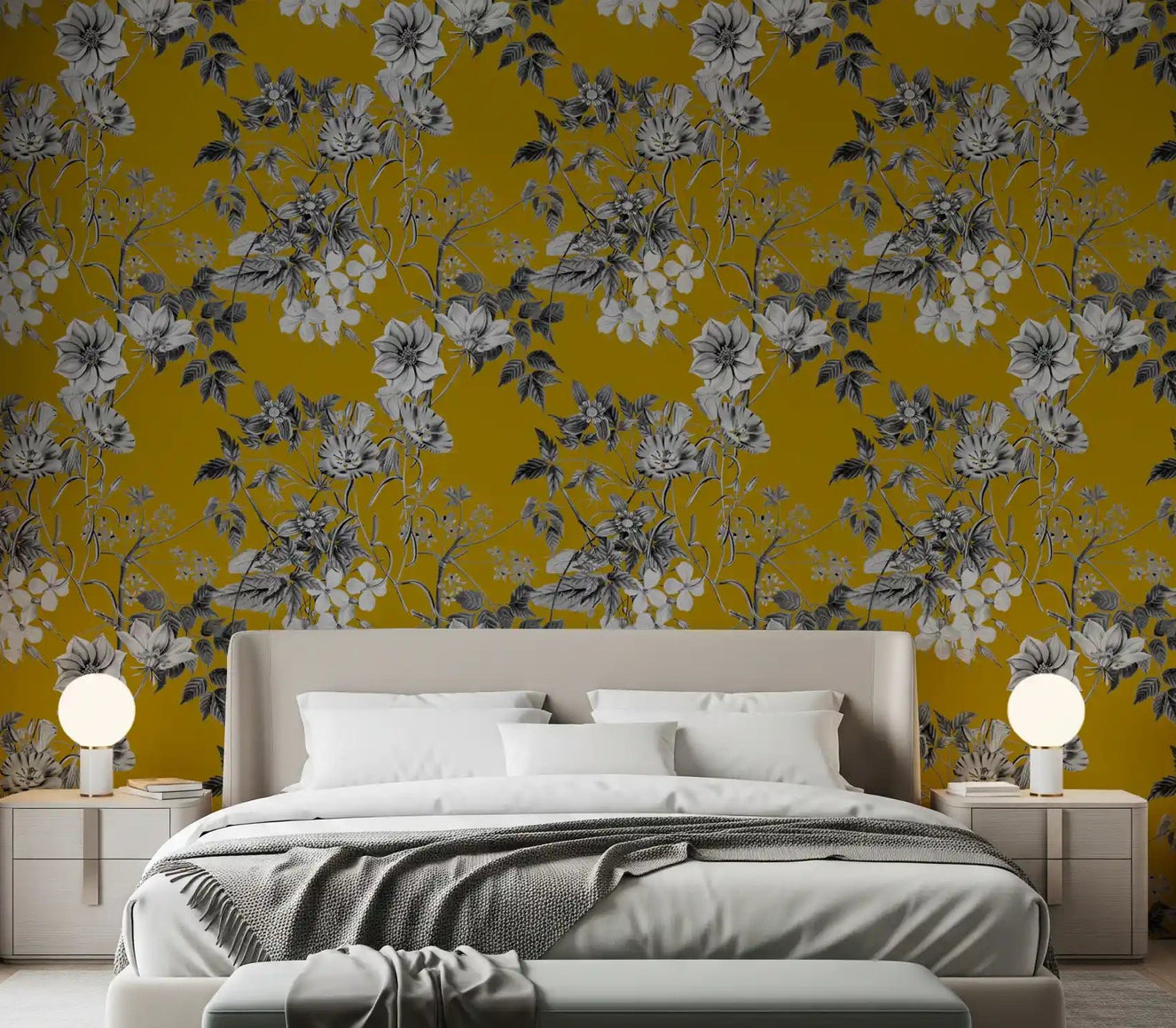 Flower print wallpaper with ochre background and fine leafy detailing