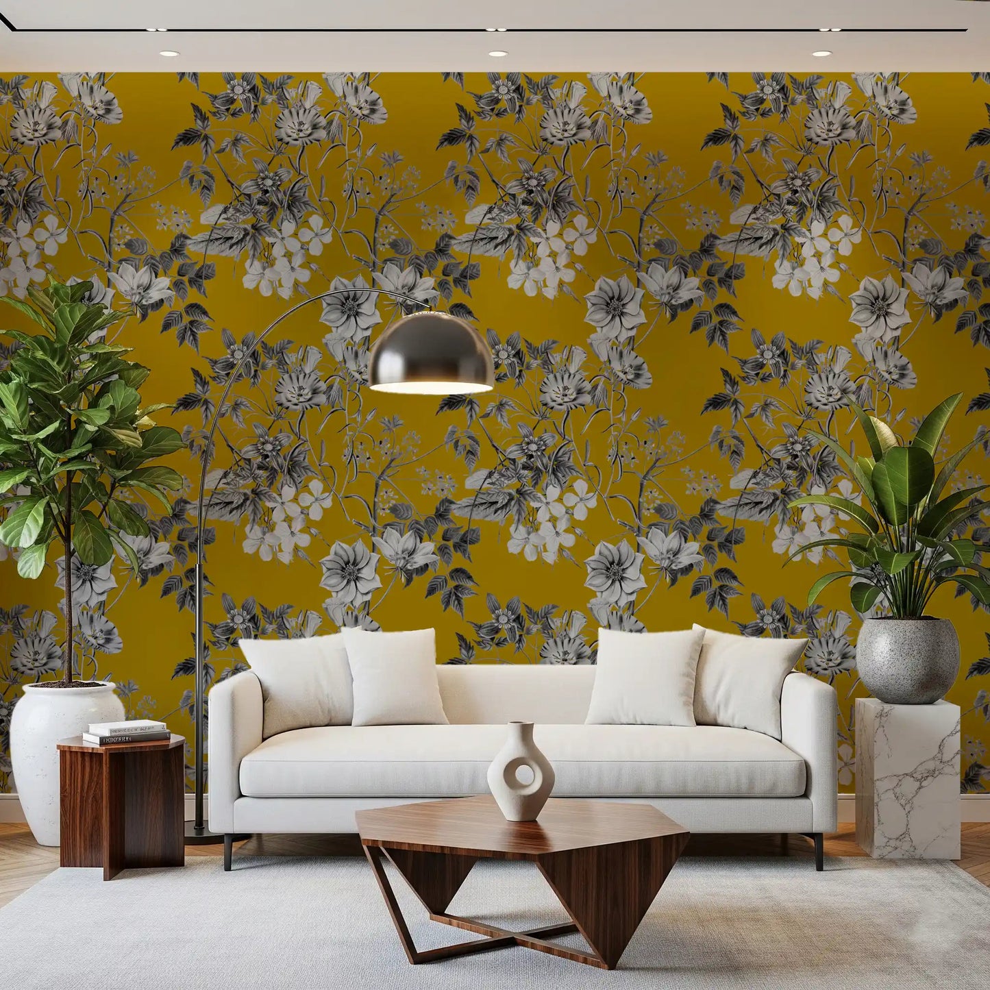 Hallway featuring Botanical Sketch of Ochre Flower wallpaper on ochre base