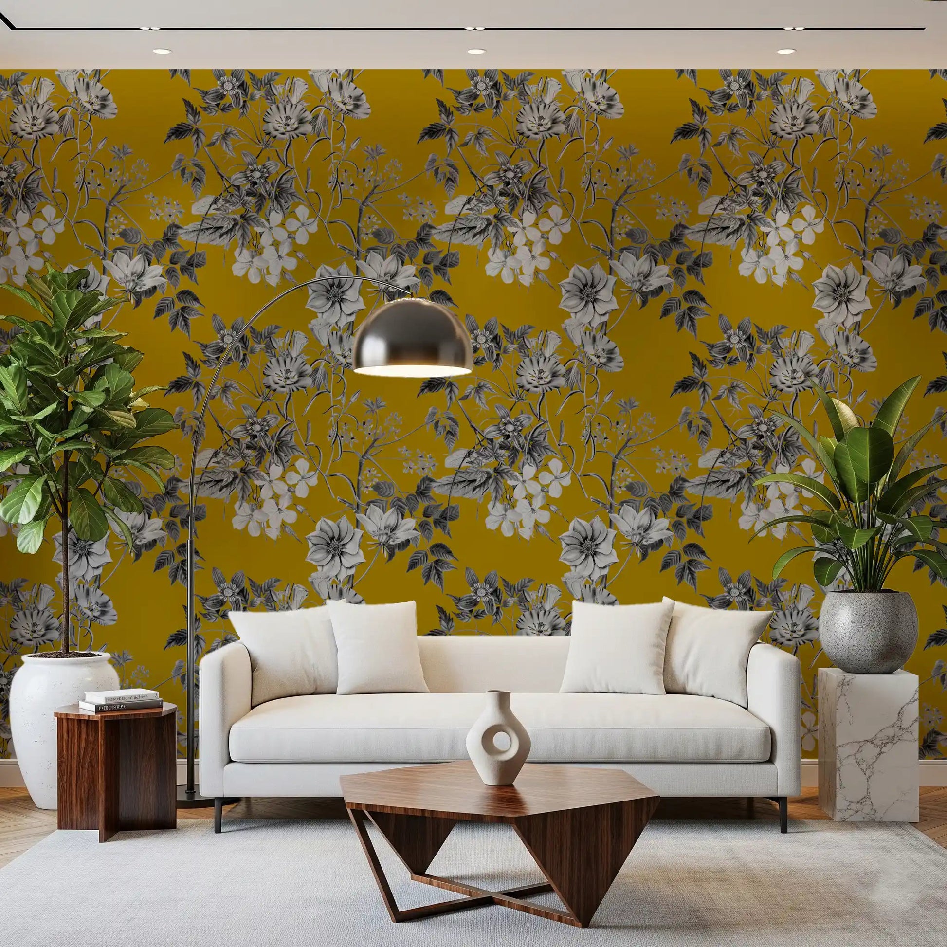 Hallway featuring Botanical Sketch of Ochre Flower wallpaper on ochre base