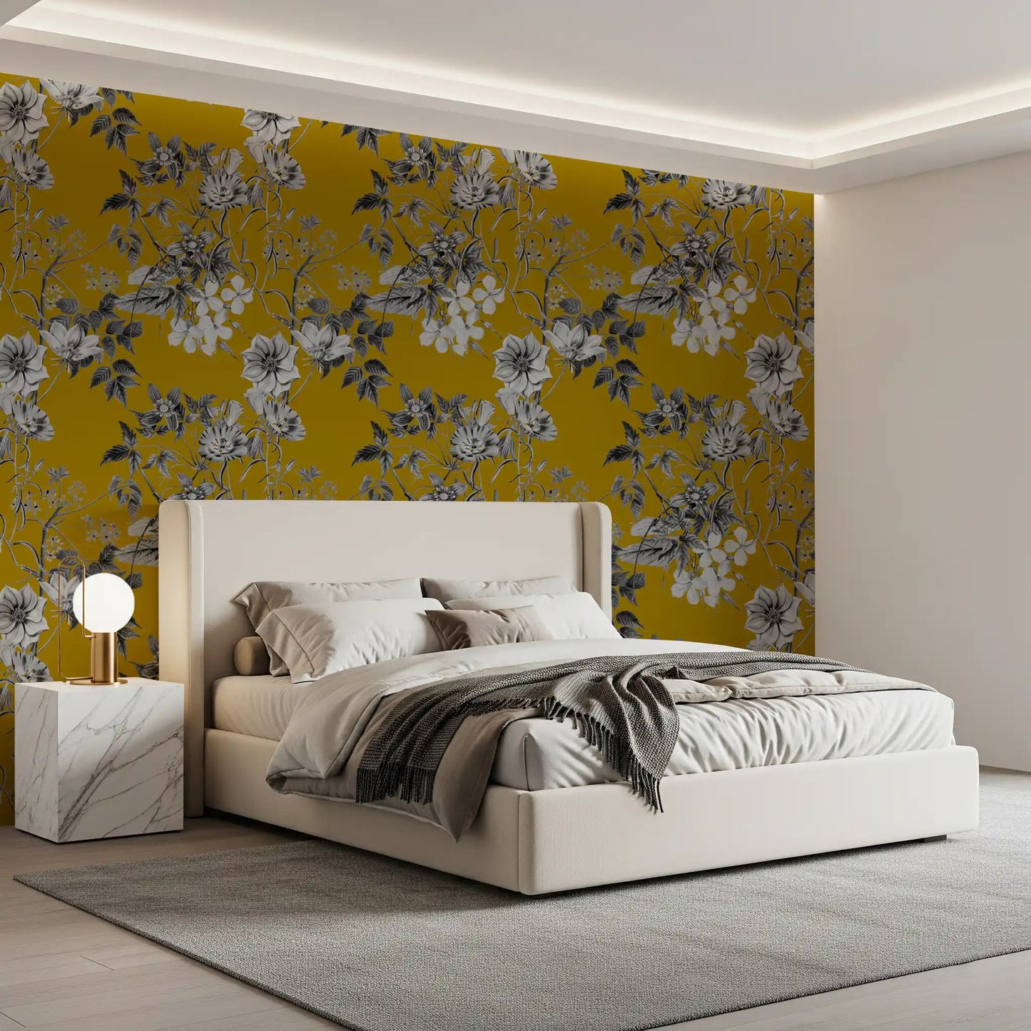Botanical sketch wallpaper in warm ochre tones with soft flower linework
