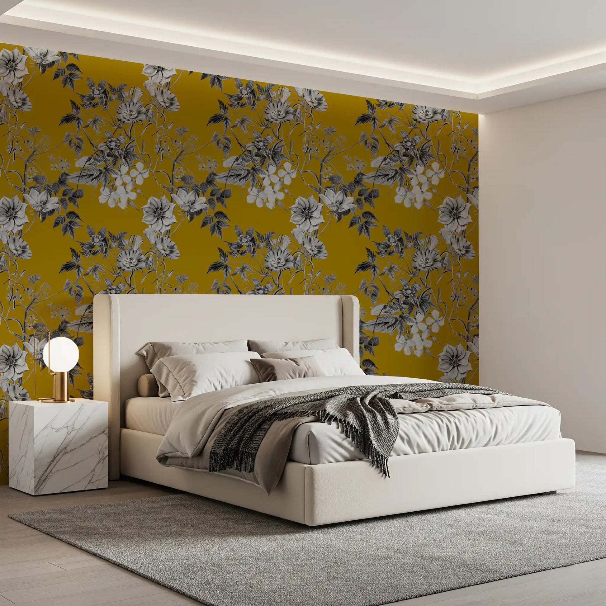 Botanical sketch wallpaper in warm ochre tones with soft flower linework