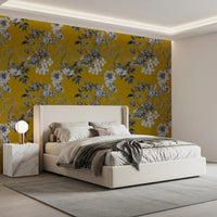 Botanical sketch wallpaper in warm ochre tones with soft flower linework