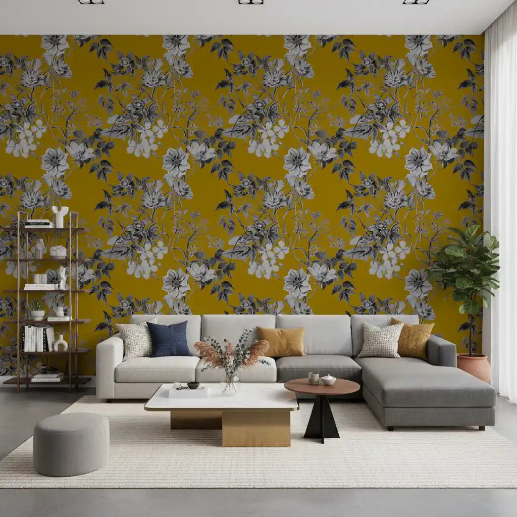 Living room with Ochre Flower wallpaper in warm floral sketch