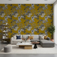 Living room with Ochre Flower wallpaper in warm floral sketch
