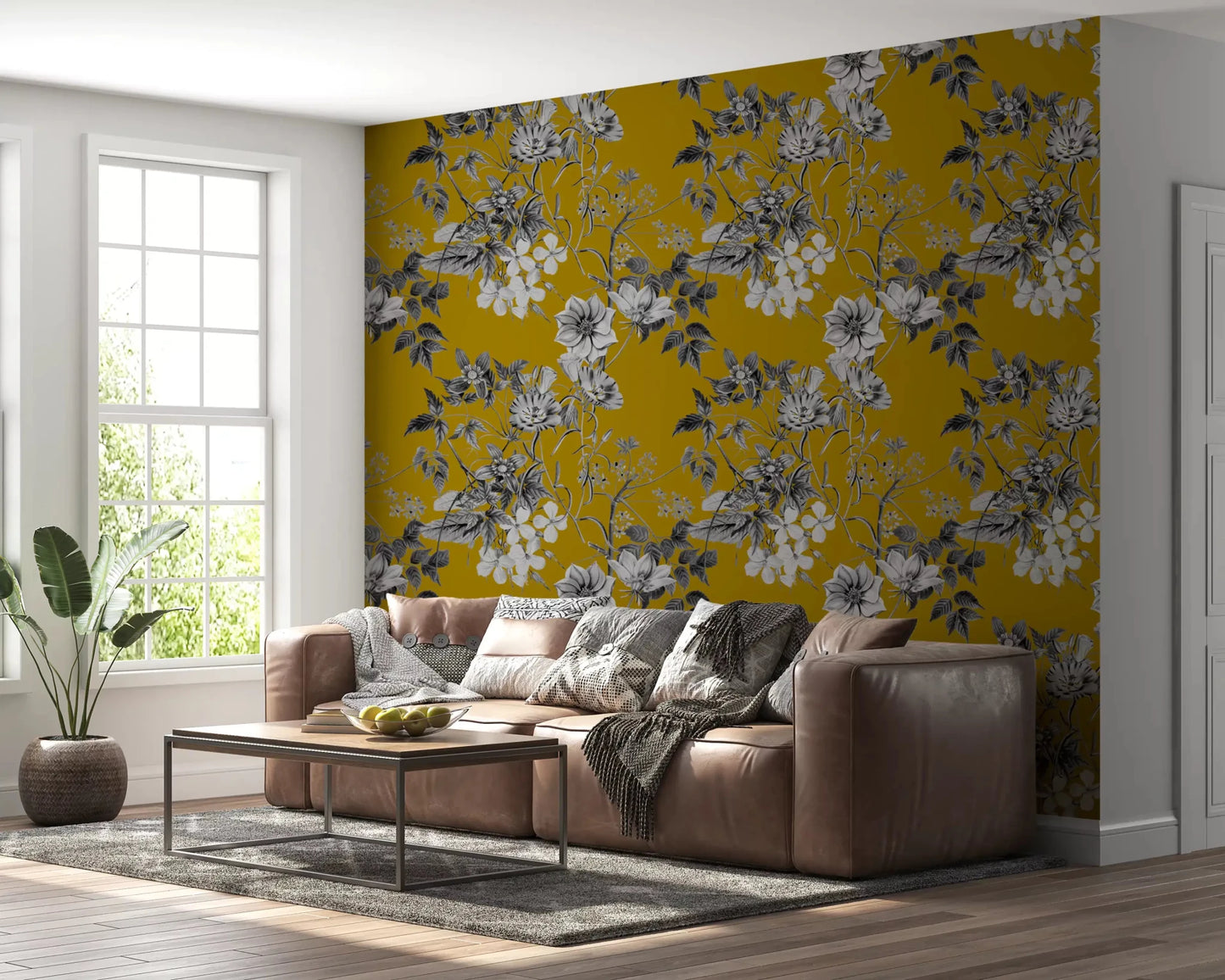 Ochre floral wallpaper with delicate blossoms and detailed botanical branches