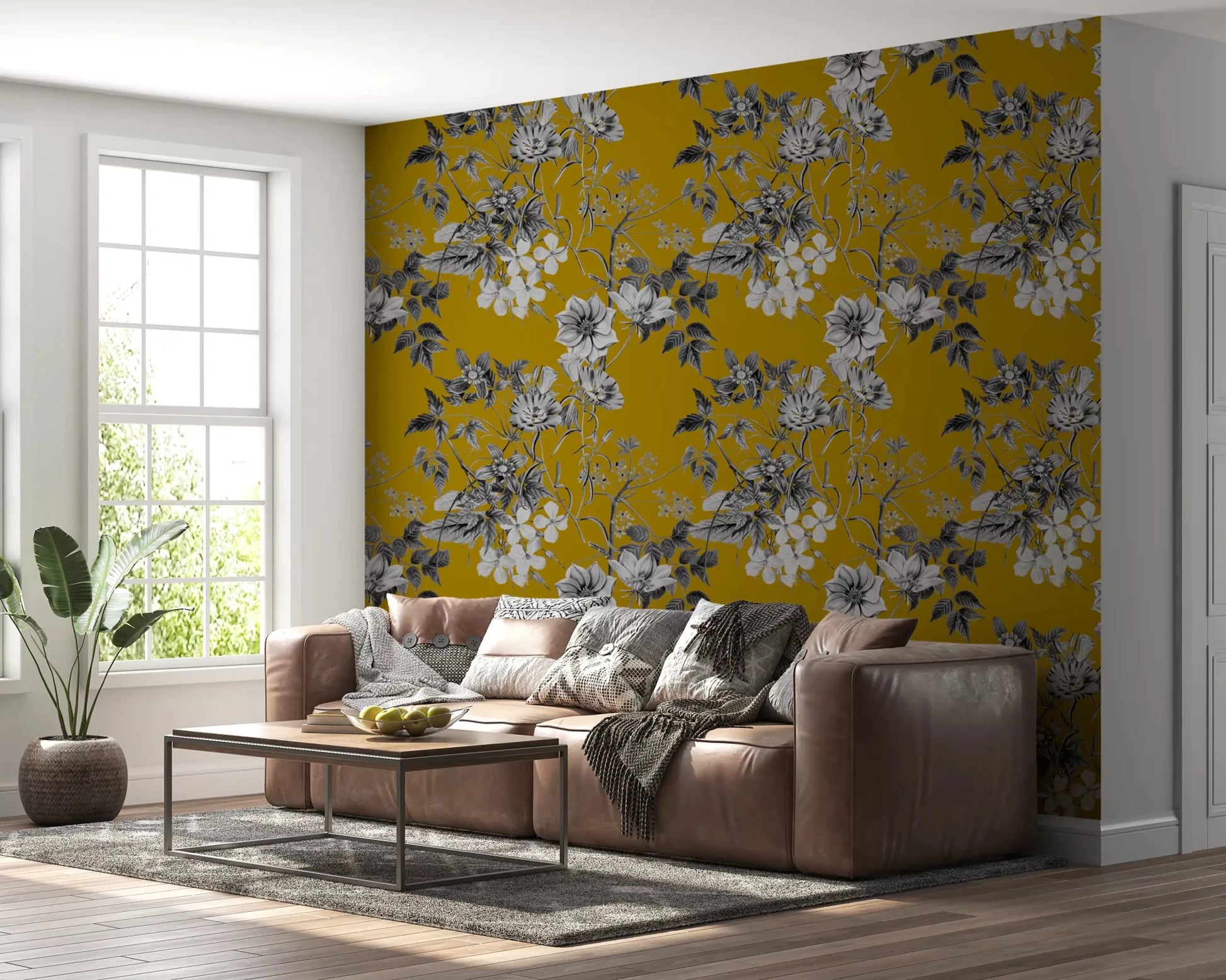 Ochre floral wallpaper with delicate blossoms and detailed botanical branches