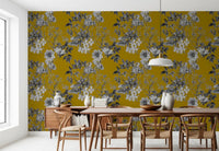 Dining room wall with Botanical Sketch of Ochre Flower wallpaper and floral sketch