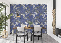 Blue flower wallpaper with delicate leaf sketching and balanced surface pattern