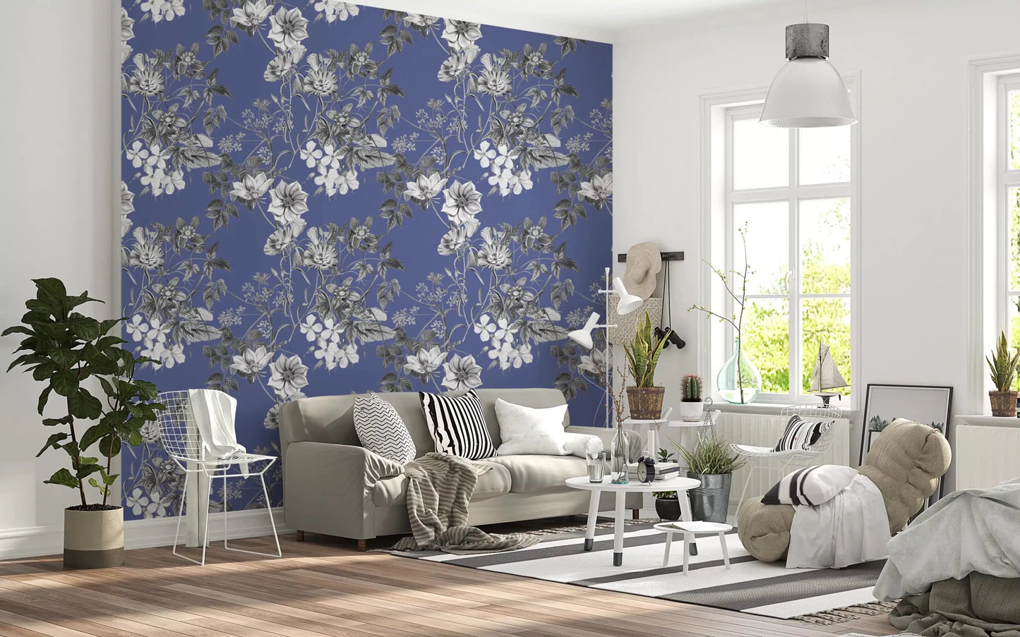 Hallway featuring Botanical Sketch of the Vinca wallpaper on muted blue base