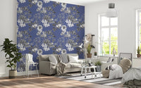 Hallway featuring Botanical Sketch of the Vinca wallpaper on muted blue base